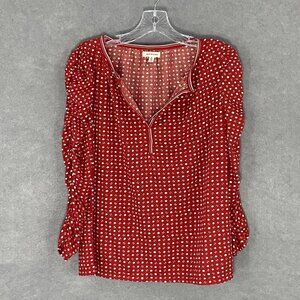 Max‎ Studio Top Women Small Polka Dot Red White Cinched Sleeves V-Neck Blouse